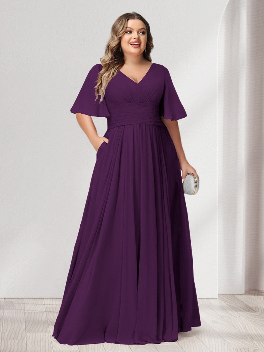 Plus Size Chiffon Bridesmaid Dresses with Pockets, A-Line/Princess V-Neck and Half Sleeves