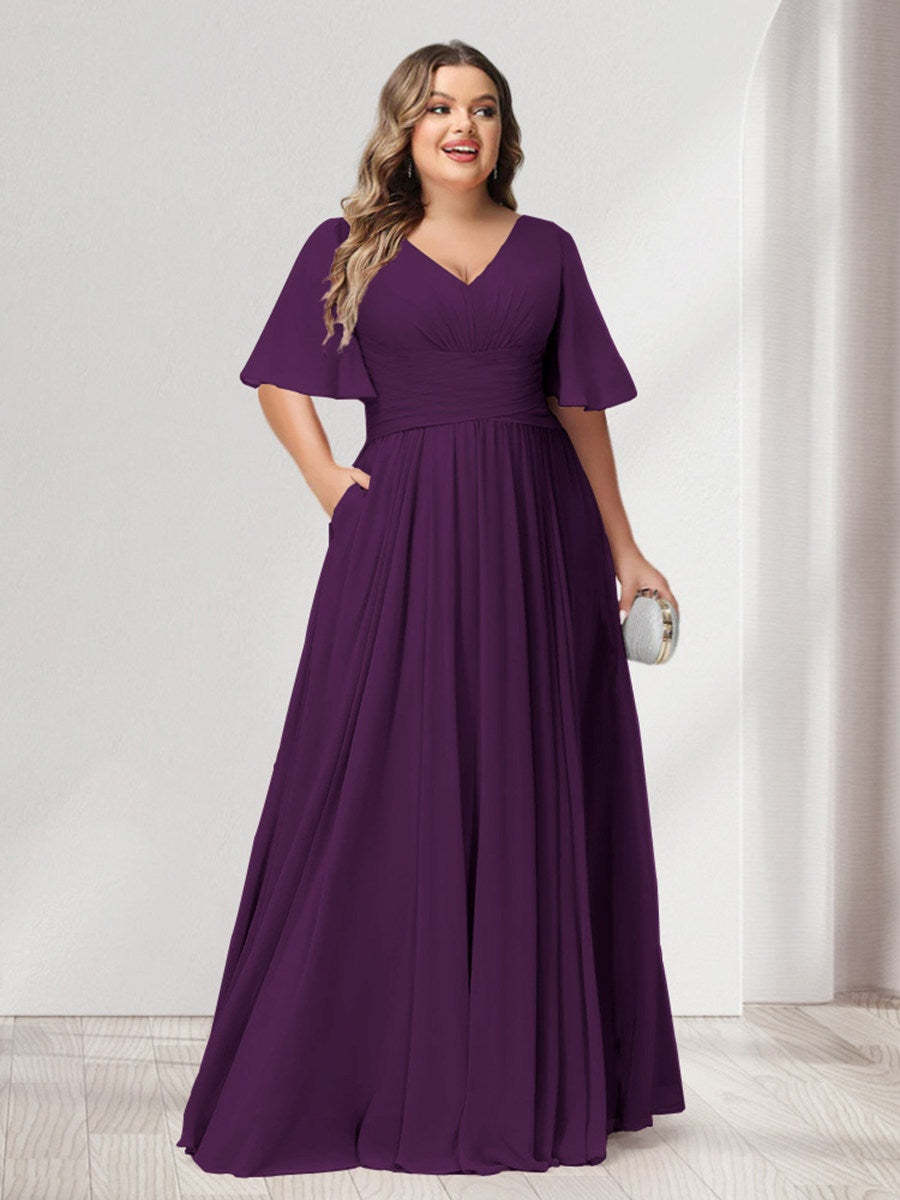 Plus Size Chiffon Bridesmaid Dresses with Pockets, A-Line/Princess V-Neck and Half Sleeves