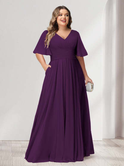 Plus Size Chiffon Bridesmaid Dresses with Pockets, A-Line/Princess V-Neck and Half Sleeves
