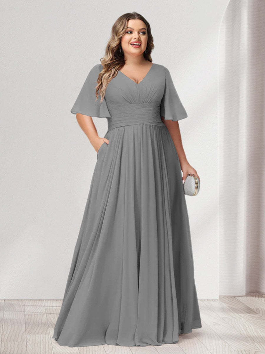 Plus Size Chiffon Bridesmaid Dresses with Pockets, A-Line/Princess V-Neck and Half Sleeves