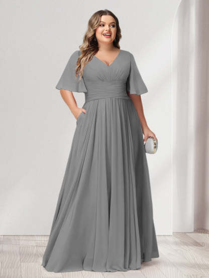 Plus Size Chiffon Bridesmaid Dresses with Pockets, A-Line/Princess V-Neck and Half Sleeves