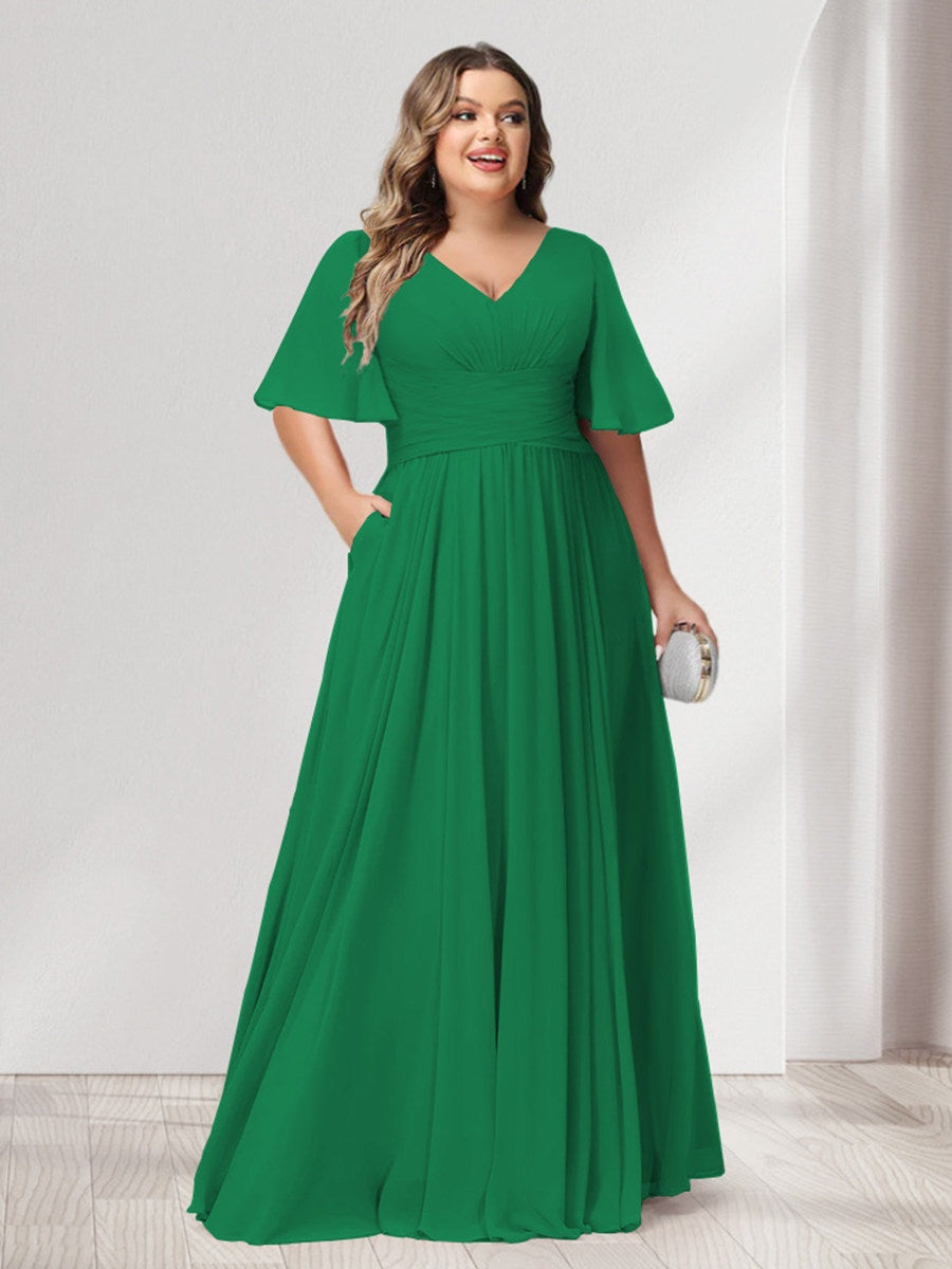 Plus Size Chiffon Bridesmaid Dresses with Pockets, A-Line/Princess V-Neck and Half Sleeves