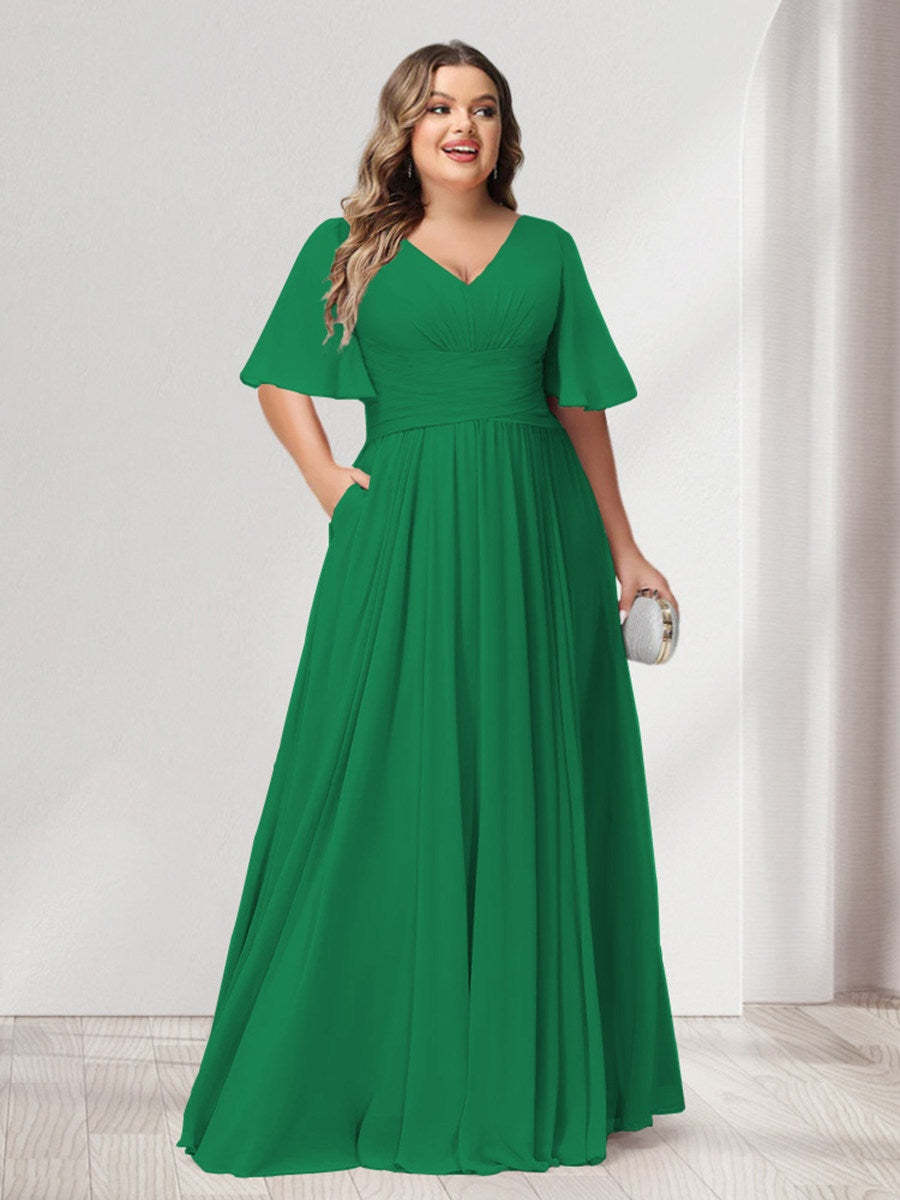Plus Size Chiffon Bridesmaid Dresses with Pockets, A-Line/Princess V-Neck and Half Sleeves