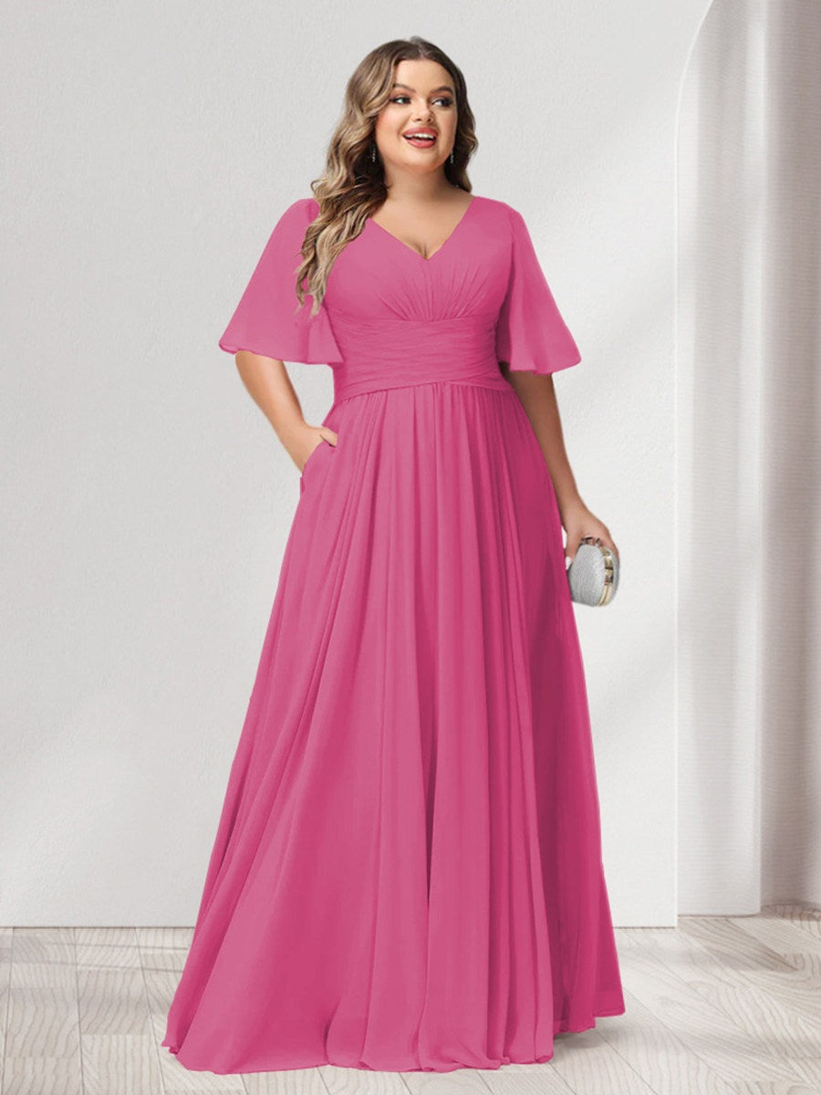 Plus Size Chiffon Bridesmaid Dresses with Pockets, A-Line/Princess V-Neck and Half Sleeves