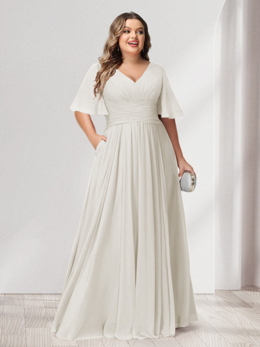 Plus Size Chiffon Bridesmaid Dresses with Pockets, A-Line/Princess V-Neck and Half Sleeves