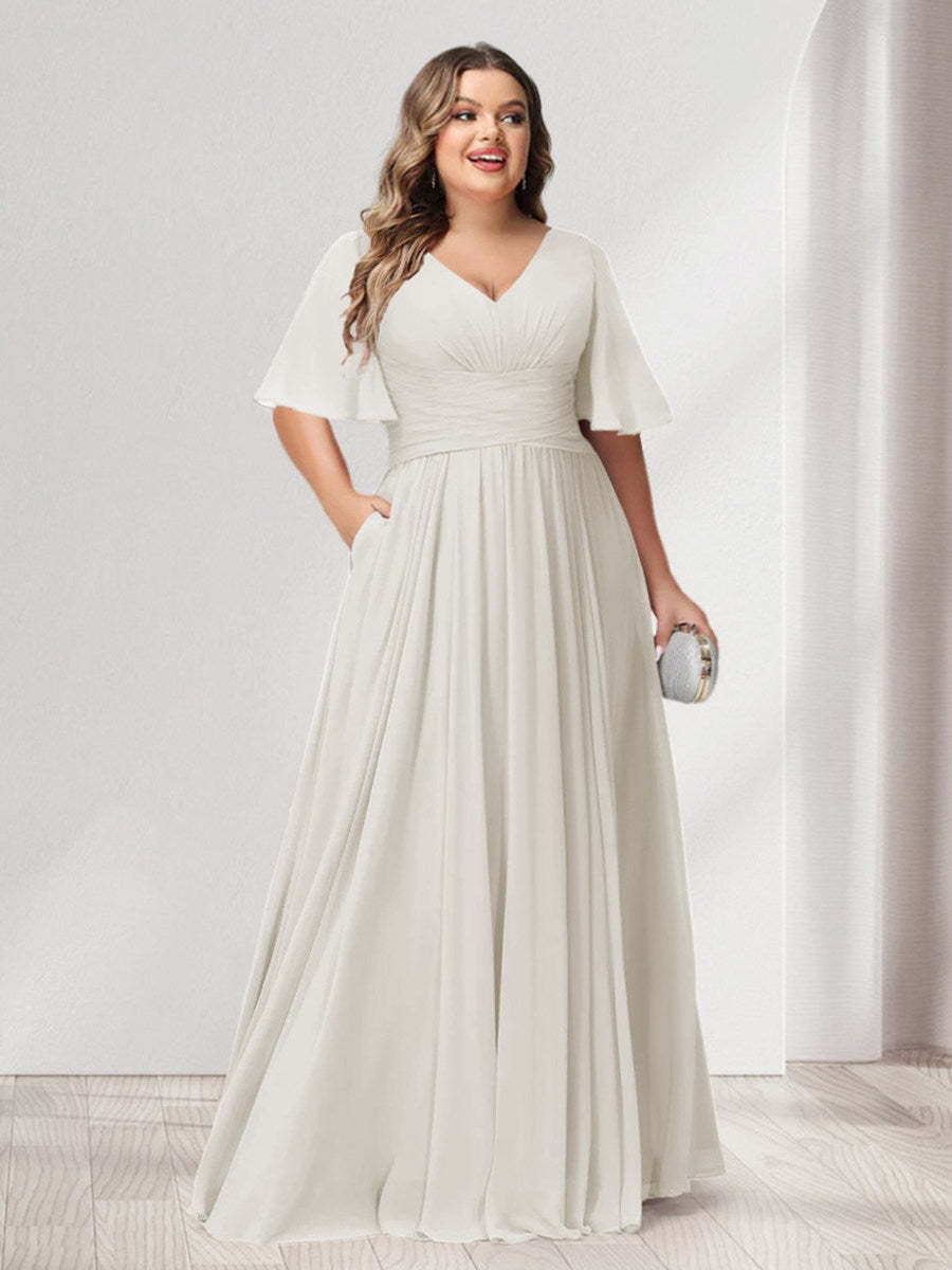 Plus Size Chiffon Bridesmaid Dresses with Pockets, A-Line/Princess V-Neck and Half Sleeves