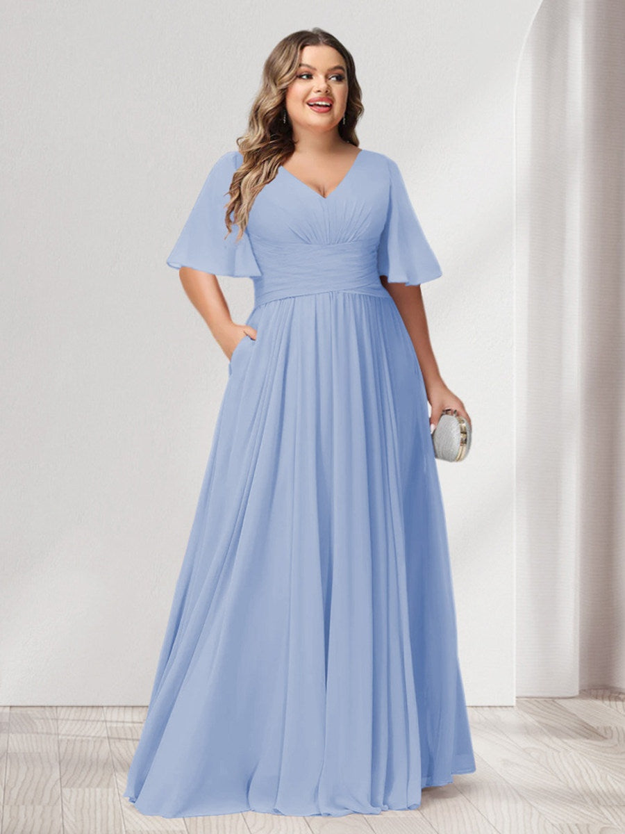 Plus Size Chiffon Bridesmaid Dresses with Pockets, A-Line/Princess V-Neck and Half Sleeves