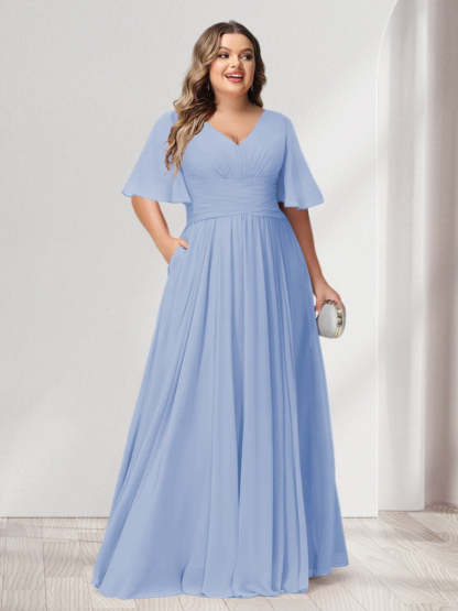 Plus Size Chiffon Bridesmaid Dresses with Pockets, A-Line/Princess V-Neck and Half Sleeves