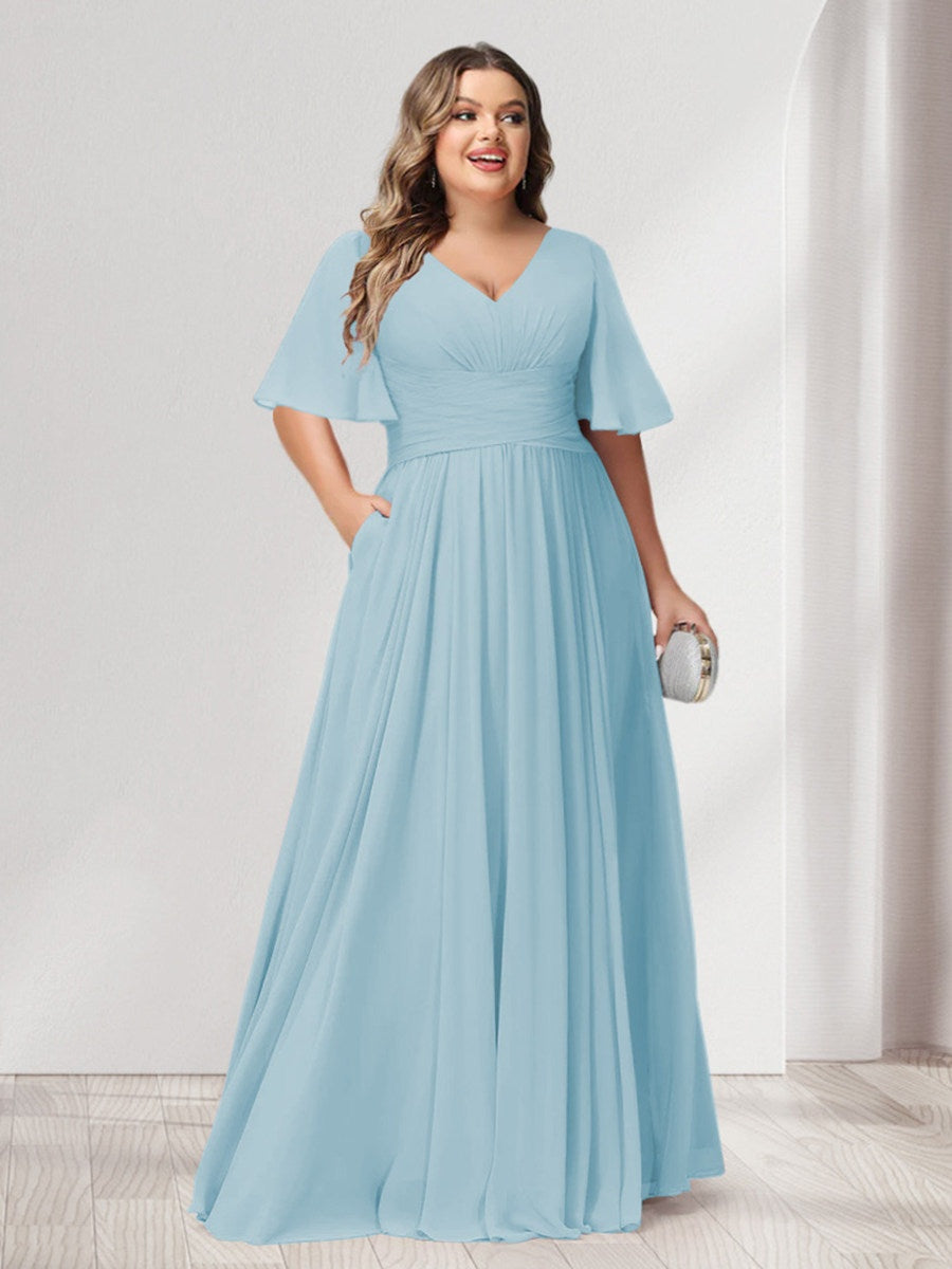 Plus Size Chiffon Bridesmaid Dresses with Pockets, A-Line/Princess V-Neck and Half Sleeves