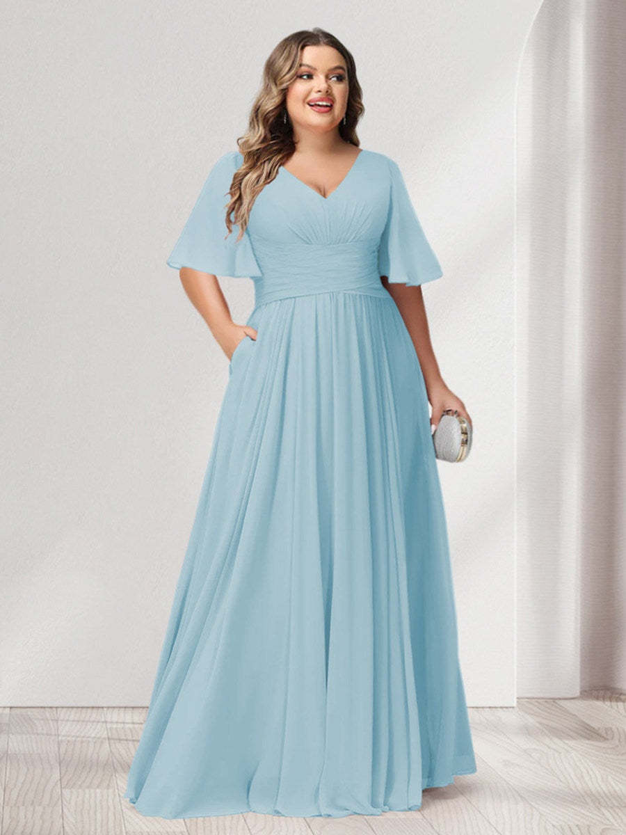 Plus Size Chiffon Bridesmaid Dresses with Pockets, A-Line/Princess V-Neck and Half Sleeves