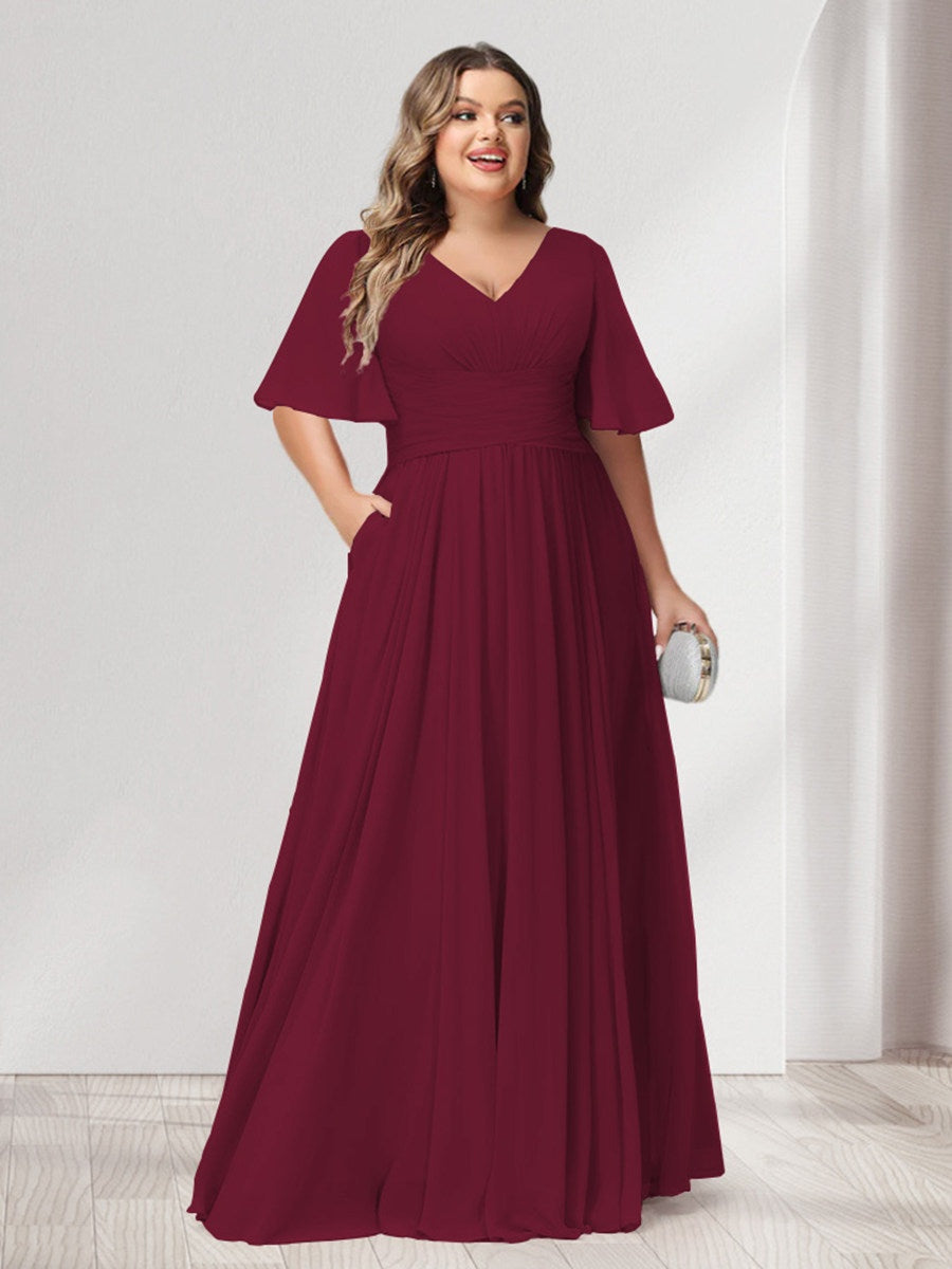 Plus Size Chiffon Bridesmaid Dresses with Pockets, A-Line/Princess V-Neck and Half Sleeves