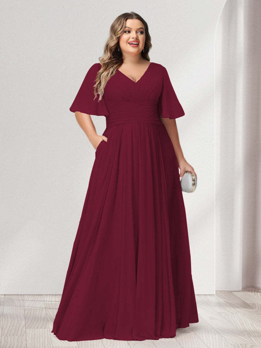 Plus Size Chiffon Bridesmaid Dresses with Pockets, A-Line/Princess V-Neck and Half Sleeves