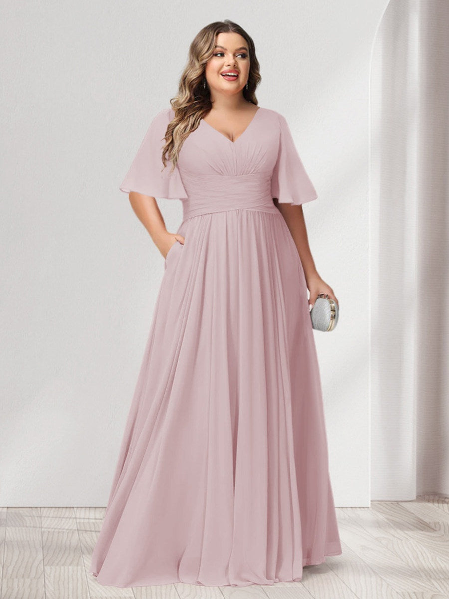 Plus Size Chiffon Bridesmaid Dresses with Pockets, A-Line/Princess V-Neck and Half Sleeves