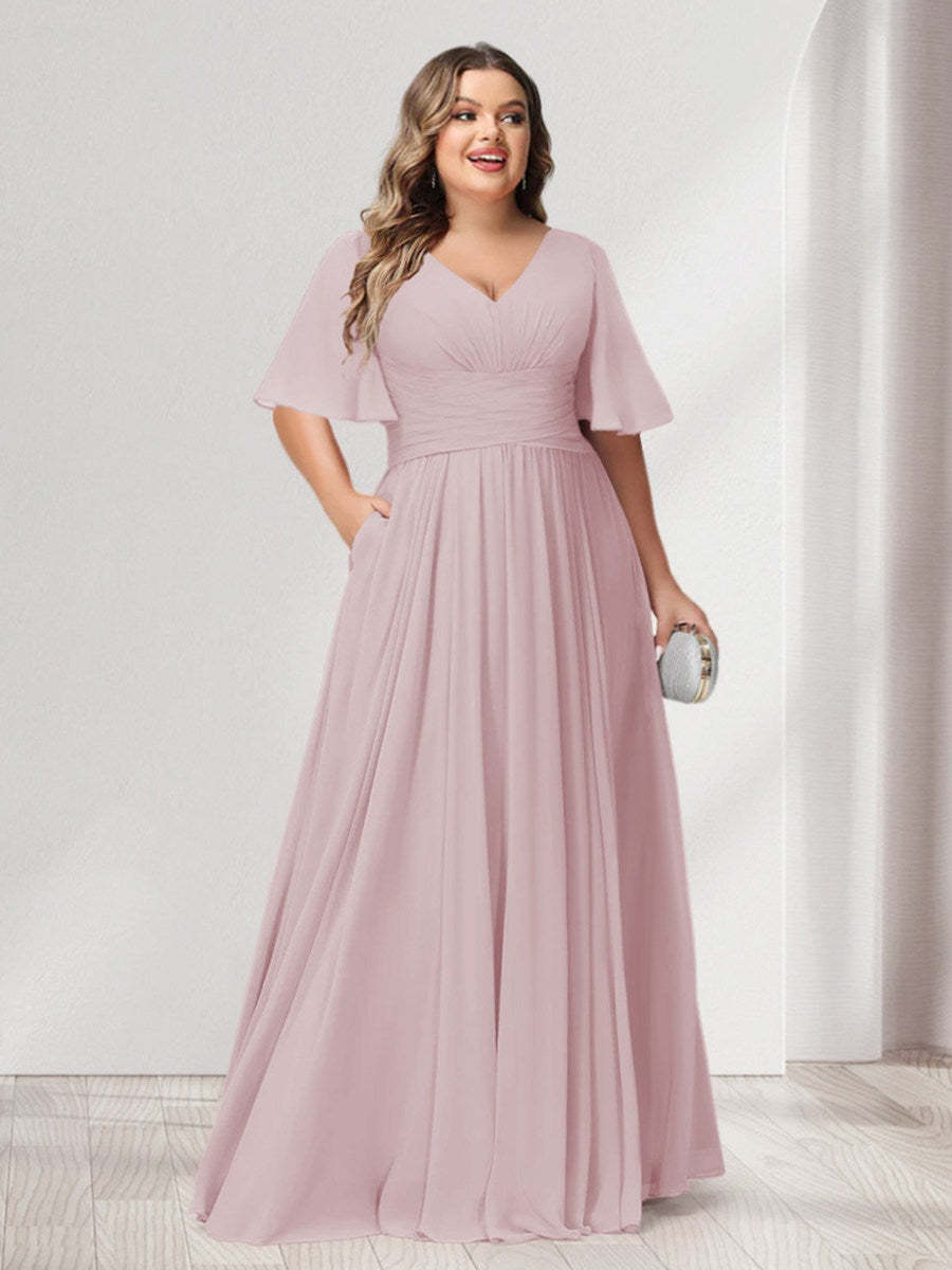 Plus Size Chiffon Bridesmaid Dresses with Pockets, A-Line/Princess V-Neck and Half Sleeves