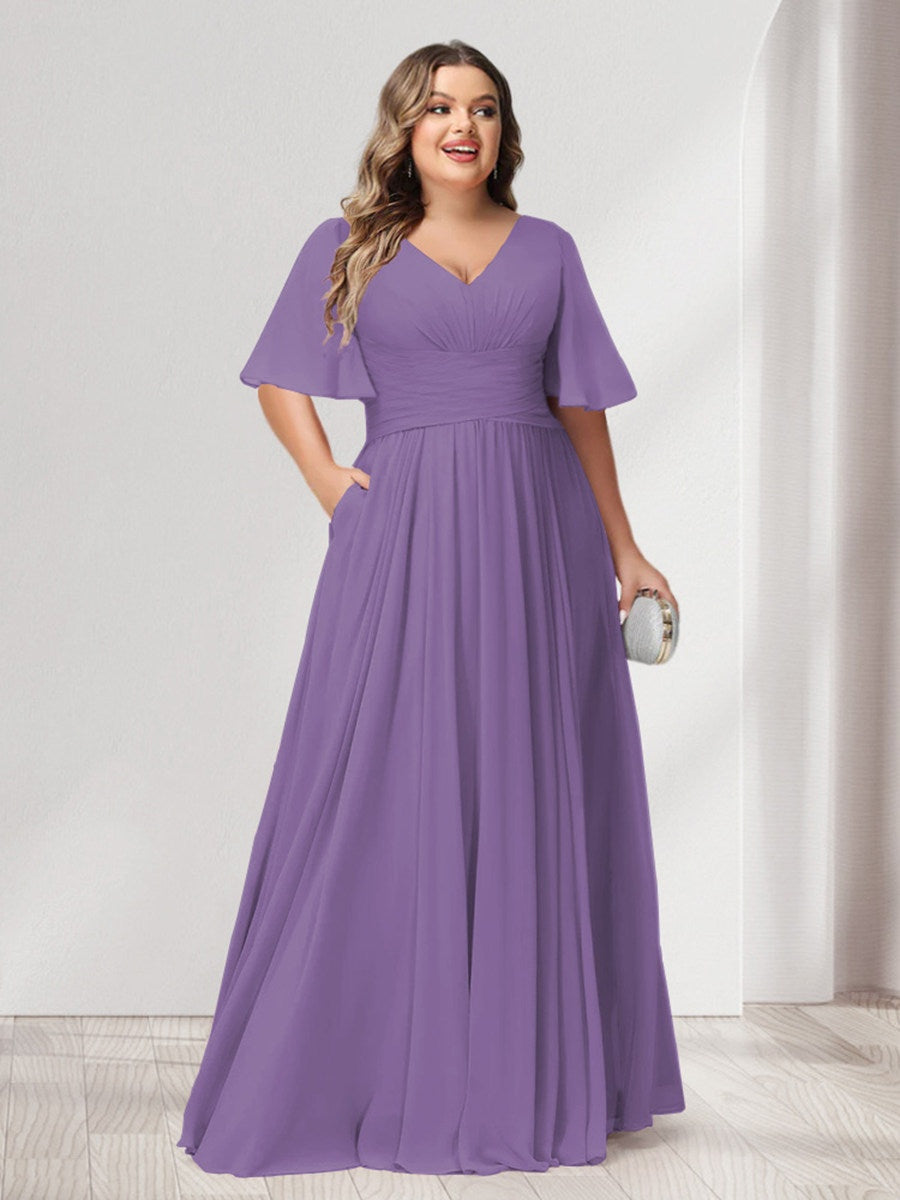 Plus Size Chiffon Bridesmaid Dresses with Pockets, A-Line/Princess V-Neck and Half Sleeves