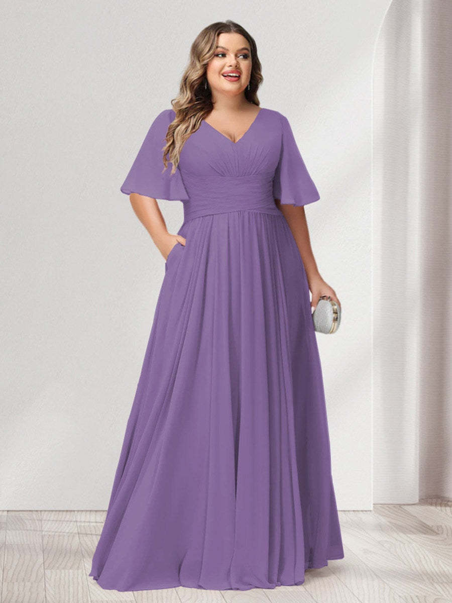 Plus Size Chiffon Bridesmaid Dresses with Pockets, A-Line/Princess V-Neck and Half Sleeves
