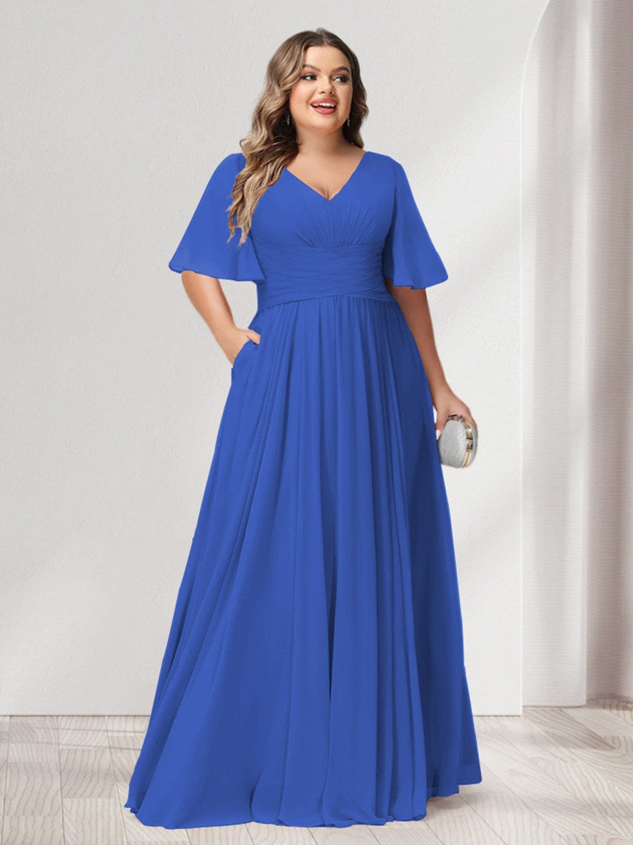 Plus Size Chiffon Bridesmaid Dresses with Pockets, A-Line/Princess V-Neck and Half Sleeves