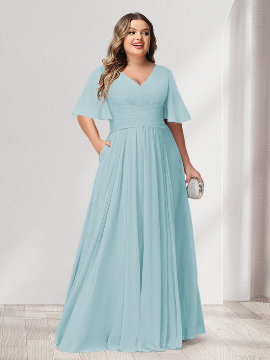 Plus Size Chiffon Bridesmaid Dresses with Pockets, A-Line/Princess V-Neck and Half Sleeves