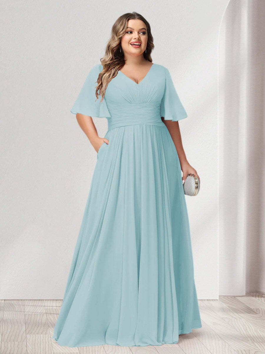 Plus Size Chiffon Bridesmaid Dresses with Pockets, A-Line/Princess V-Neck and Half Sleeves