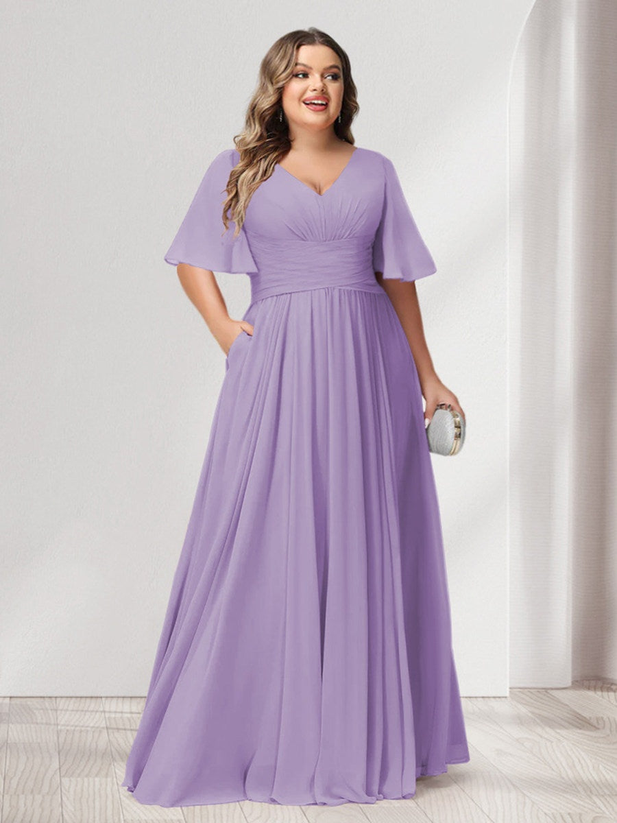 Plus Size Chiffon Bridesmaid Dresses with Pockets, A-Line/Princess V-Neck and Half Sleeves