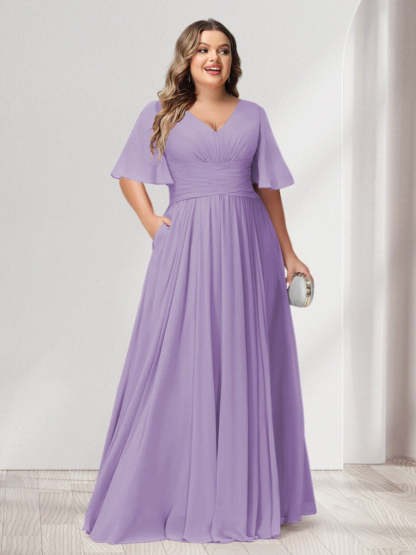 Plus Size Chiffon Bridesmaid Dresses with Pockets, A-Line/Princess V-Neck and Half Sleeves