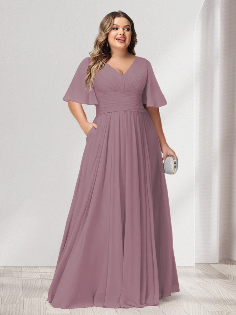 Plus Size Chiffon Bridesmaid Dresses with Pockets, A-Line/Princess V-Neck and Half Sleeves