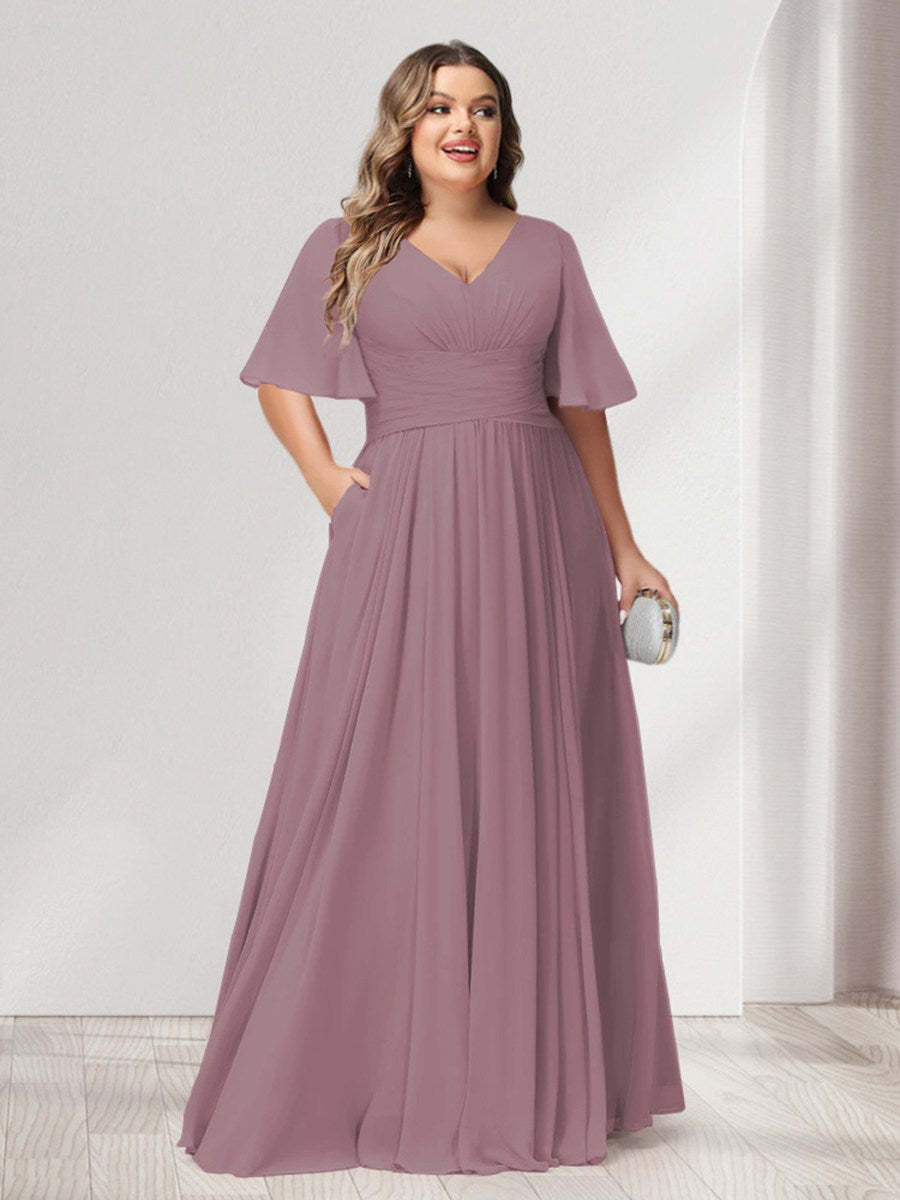 Plus Size Chiffon Bridesmaid Dresses with Pockets, A-Line/Princess V-Neck and Half Sleeves