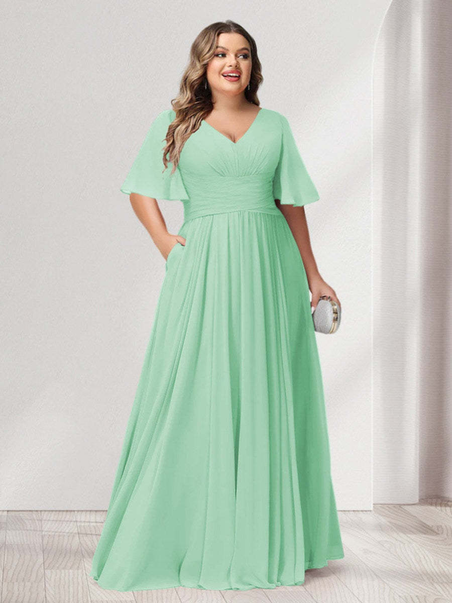 Plus Size Chiffon Bridesmaid Dresses with Pockets, A-Line/Princess V-Neck and Half Sleeves