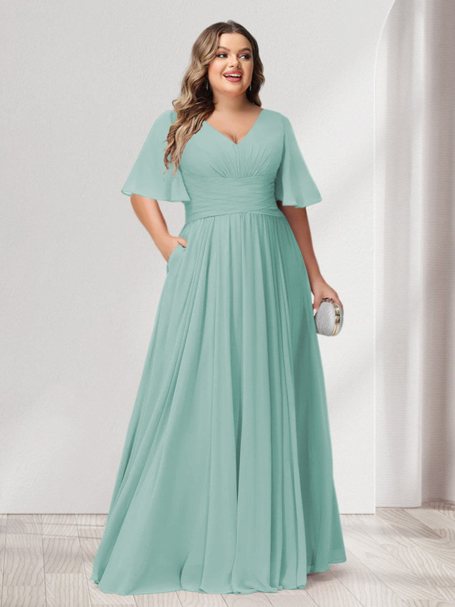 Plus Size Chiffon Bridesmaid Dresses with Pockets, A-Line/Princess V-Neck and Half Sleeves