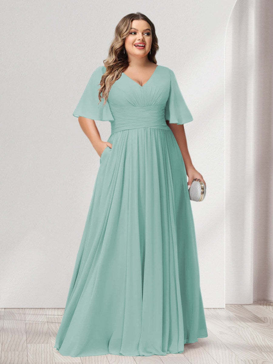 Plus Size Chiffon Bridesmaid Dresses with Pockets, A-Line/Princess V-Neck and Half Sleeves