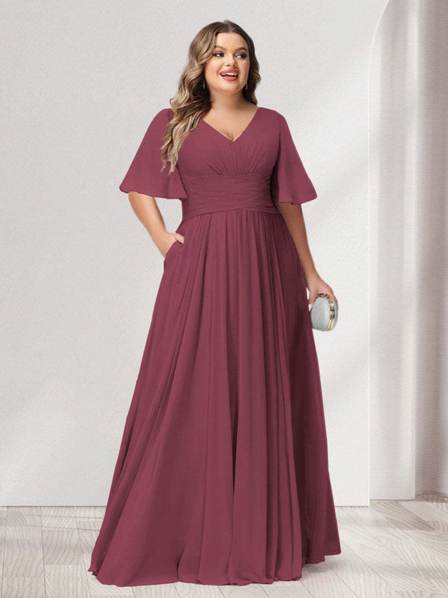 Plus Size Chiffon Bridesmaid Dresses with Pockets, A-Line/Princess V-Neck and Half Sleeves