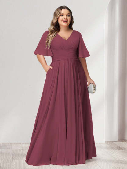 Plus Size Chiffon Bridesmaid Dresses with Pockets, A-Line/Princess V-Neck and Half Sleeves