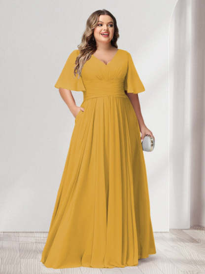 Plus Size Chiffon Bridesmaid Dresses with Pockets, A-Line/Princess V-Neck and Half Sleeves