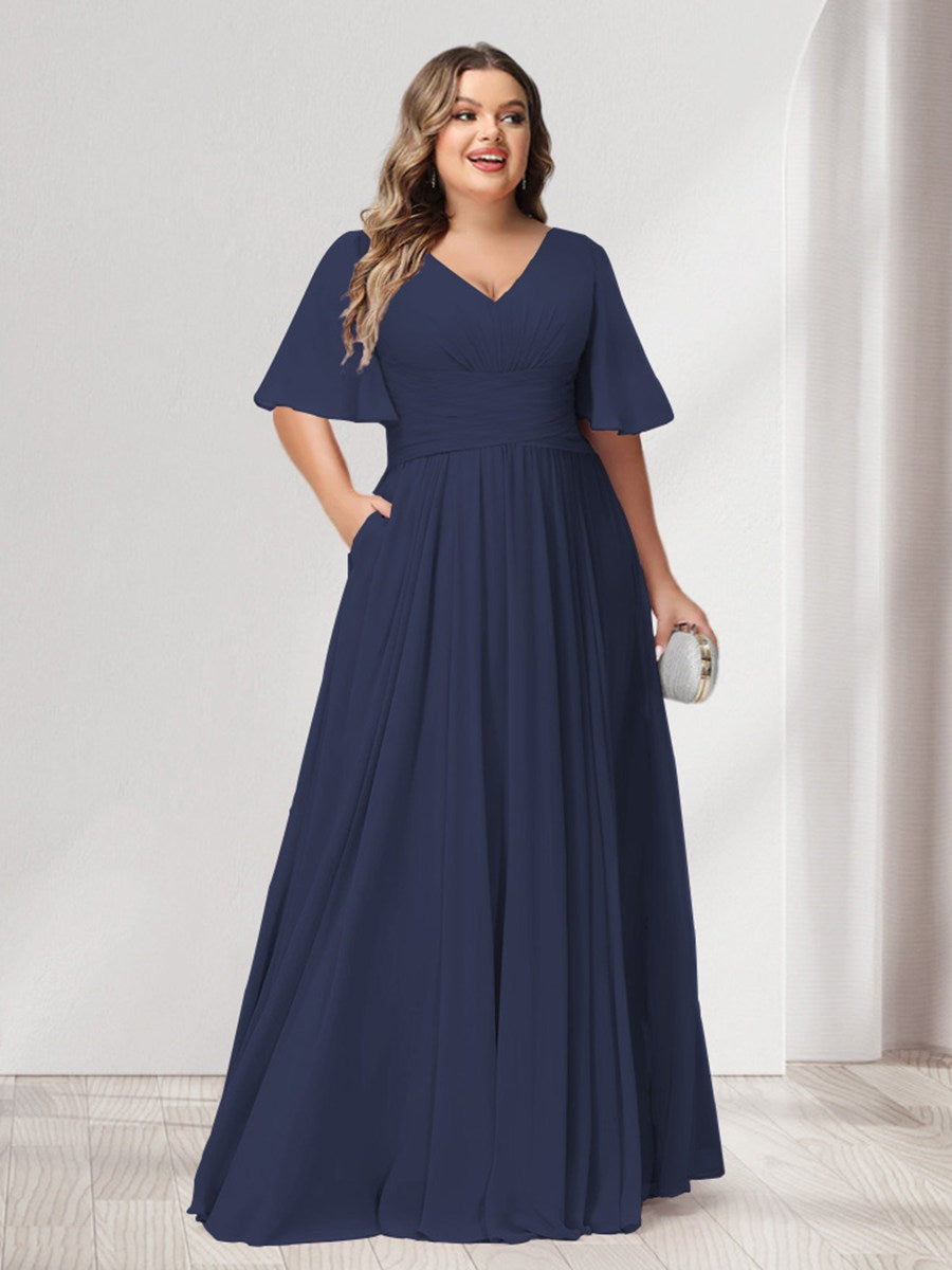 Plus Size Chiffon Bridesmaid Dresses with Pockets, A-Line/Princess V-Neck and Half Sleeves