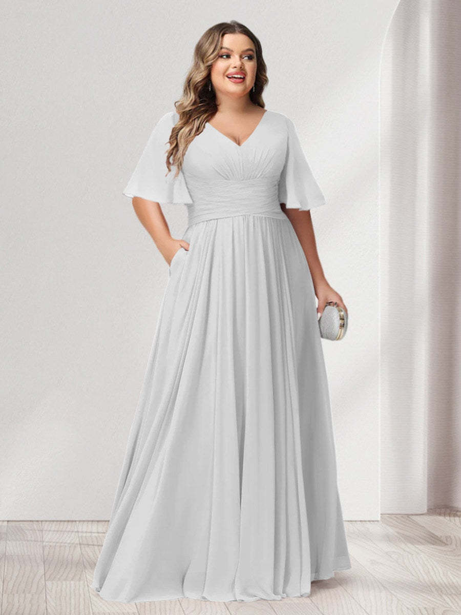 Plus Size Chiffon Bridesmaid Dresses with Pockets, A-Line/Princess V-Neck and Half Sleeves