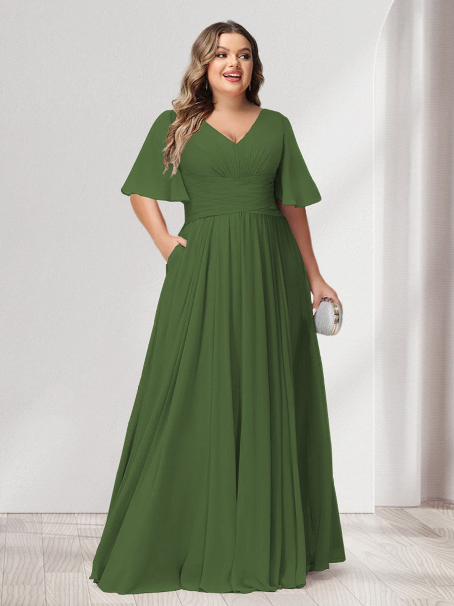 Plus Size Chiffon Bridesmaid Dresses with Pockets, A-Line/Princess V-Neck and Half Sleeves