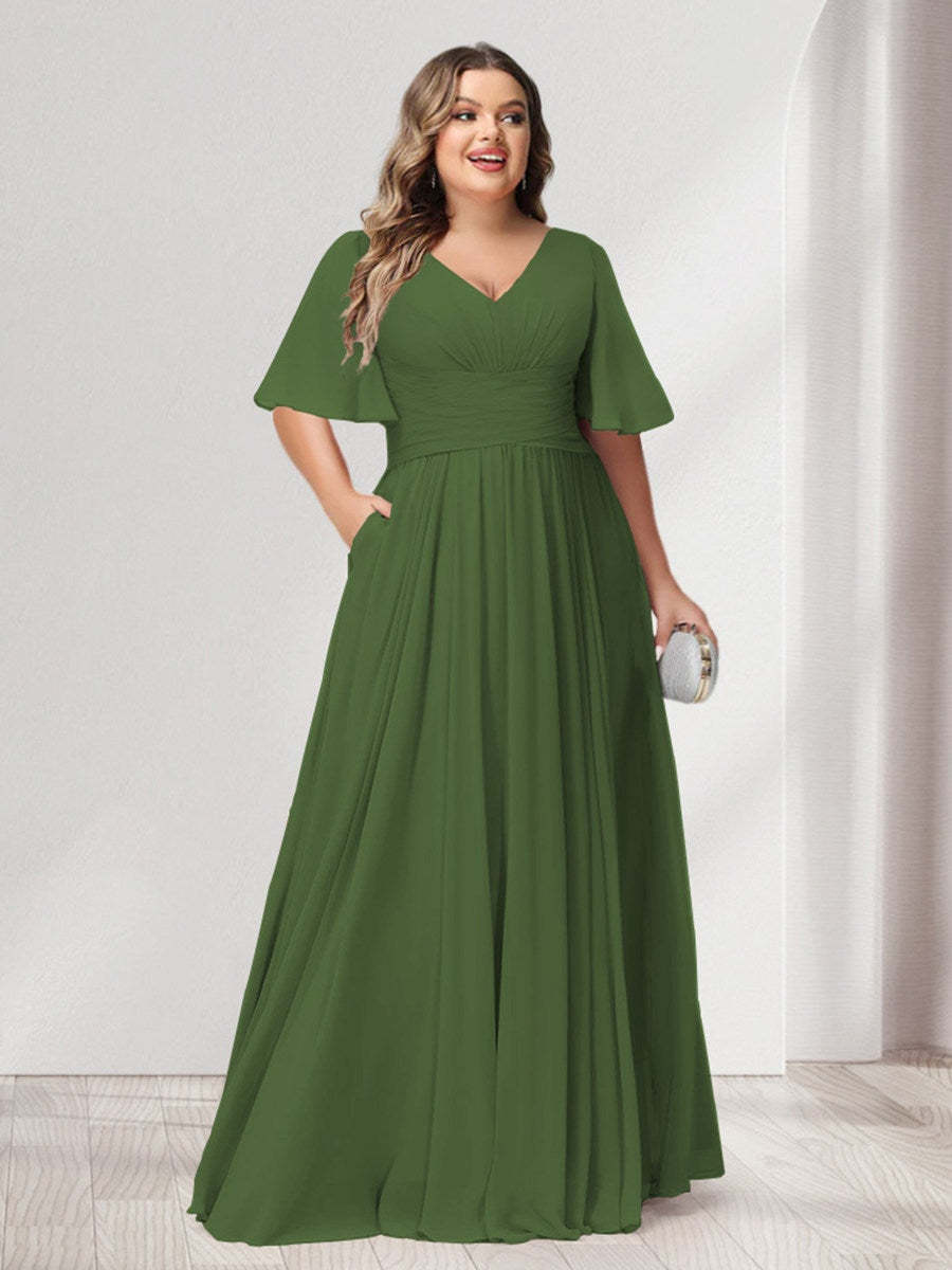 Plus Size Chiffon Bridesmaid Dresses with Pockets, A-Line/Princess V-Neck and Half Sleeves