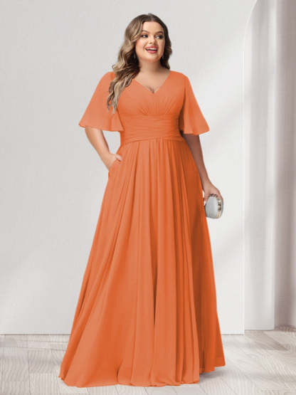 Plus Size Chiffon Bridesmaid Dresses with Pockets, A-Line/Princess V-Neck and Half Sleeves