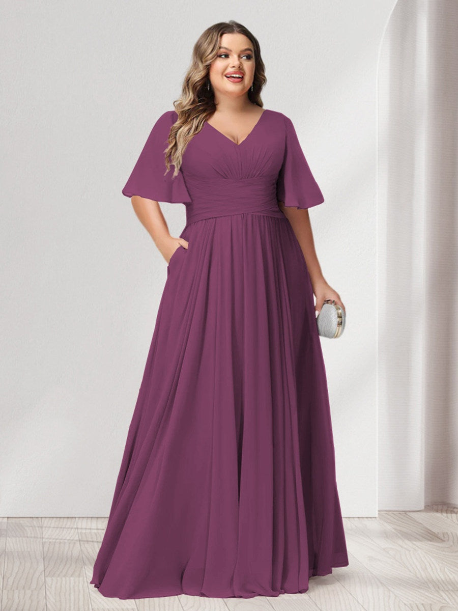 Plus Size Chiffon Bridesmaid Dresses with Pockets, A-Line/Princess V-Neck and Half Sleeves