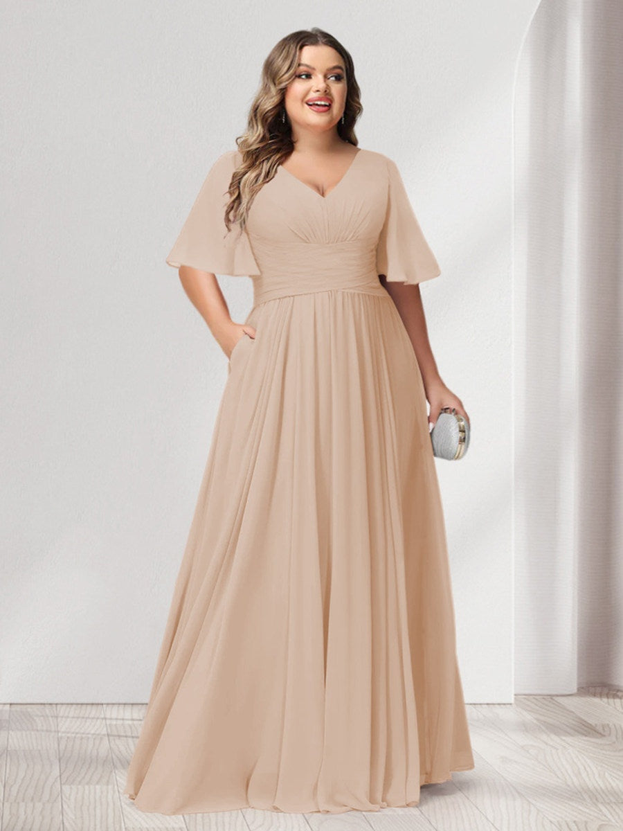 Plus Size Chiffon Bridesmaid Dresses with Pockets, A-Line/Princess V-Neck and Half Sleeves