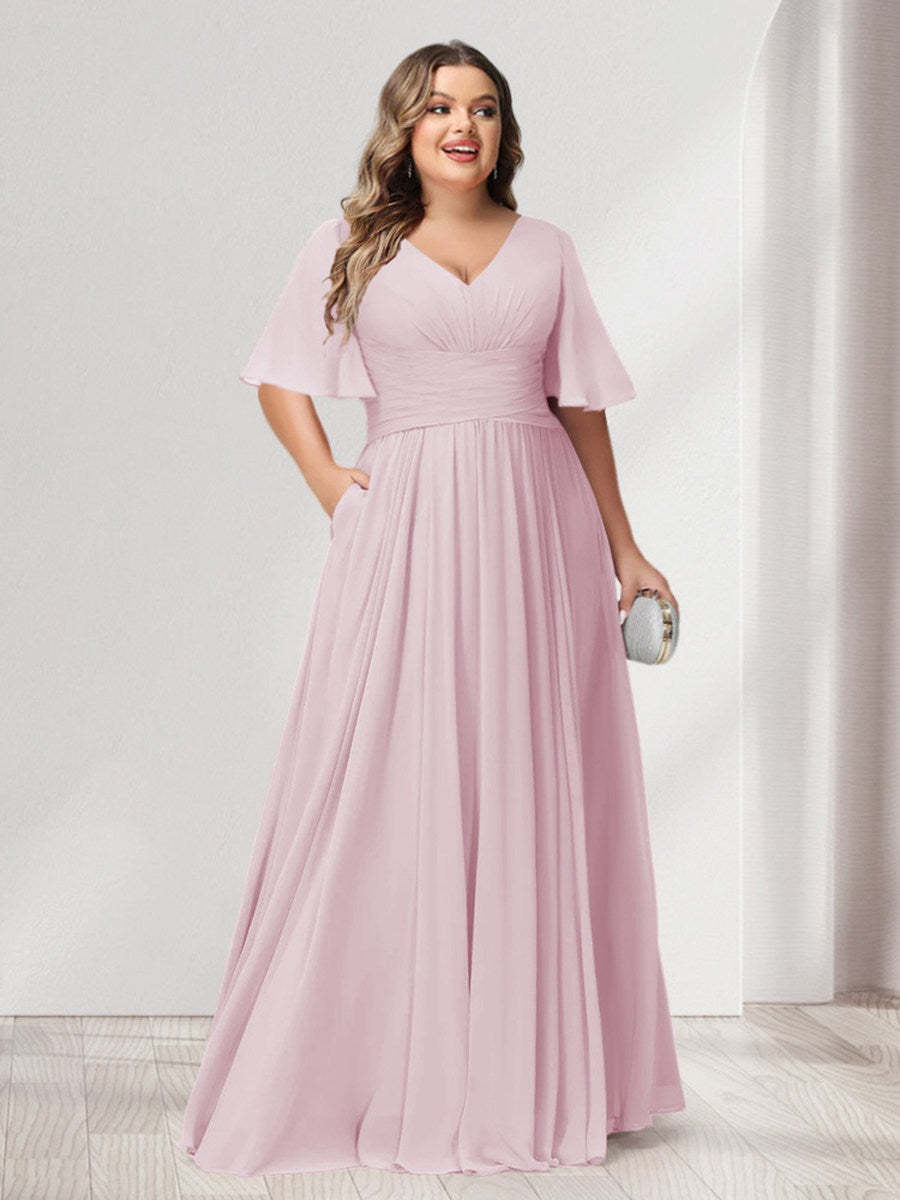 Plus Size Chiffon Bridesmaid Dresses with Pockets, A-Line/Princess V-Neck and Half Sleeves