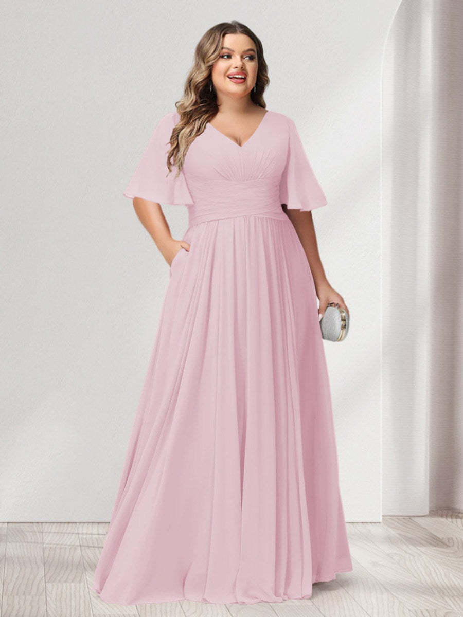 Plus Size Chiffon Bridesmaid Dresses with Pockets, A-Line/Princess V-Neck and Half Sleeves