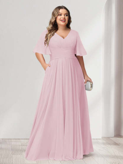 Plus Size Chiffon Bridesmaid Dresses with Pockets, A-Line/Princess V-Neck and Half Sleeves