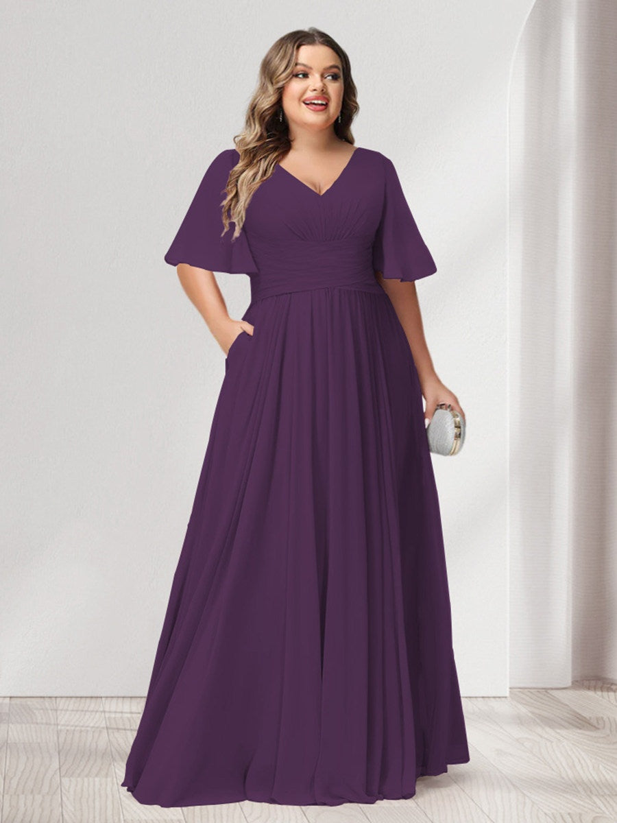 Plus Size Chiffon Bridesmaid Dresses with Pockets, A-Line/Princess V-Neck and Half Sleeves