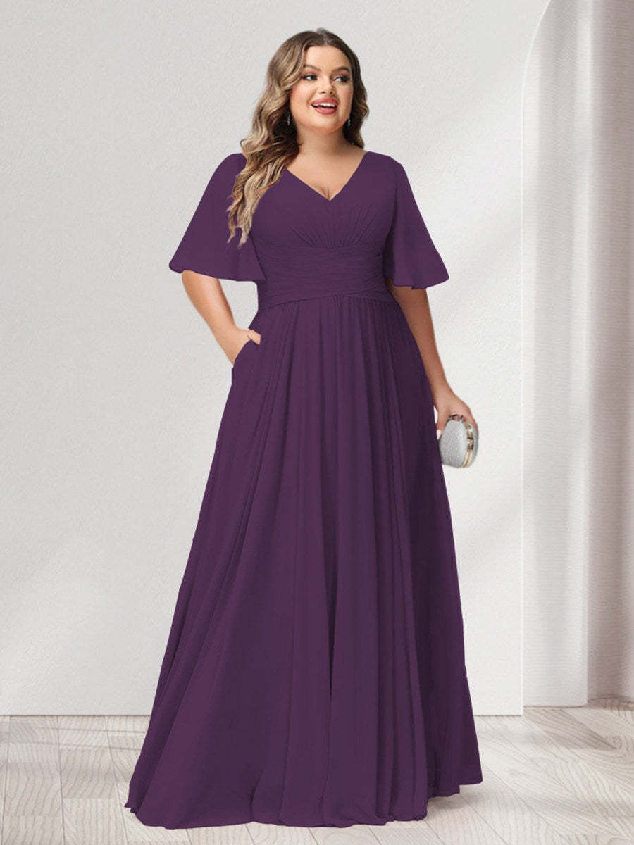Plus Size Chiffon Bridesmaid Dresses with Pockets, A-Line/Princess V-Neck and Half Sleeves