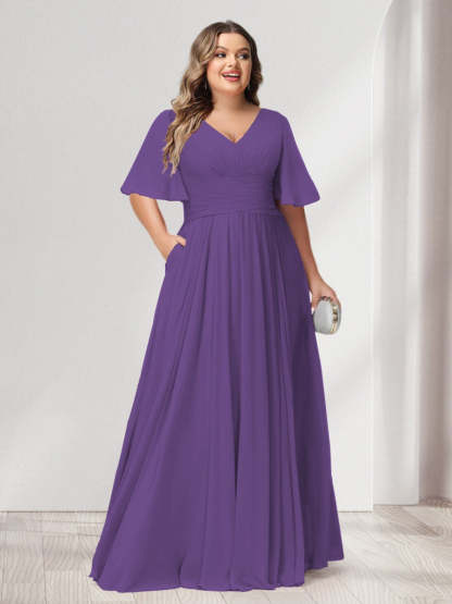 Plus Size Chiffon Bridesmaid Dresses with Pockets, A-Line/Princess V-Neck and Half Sleeves