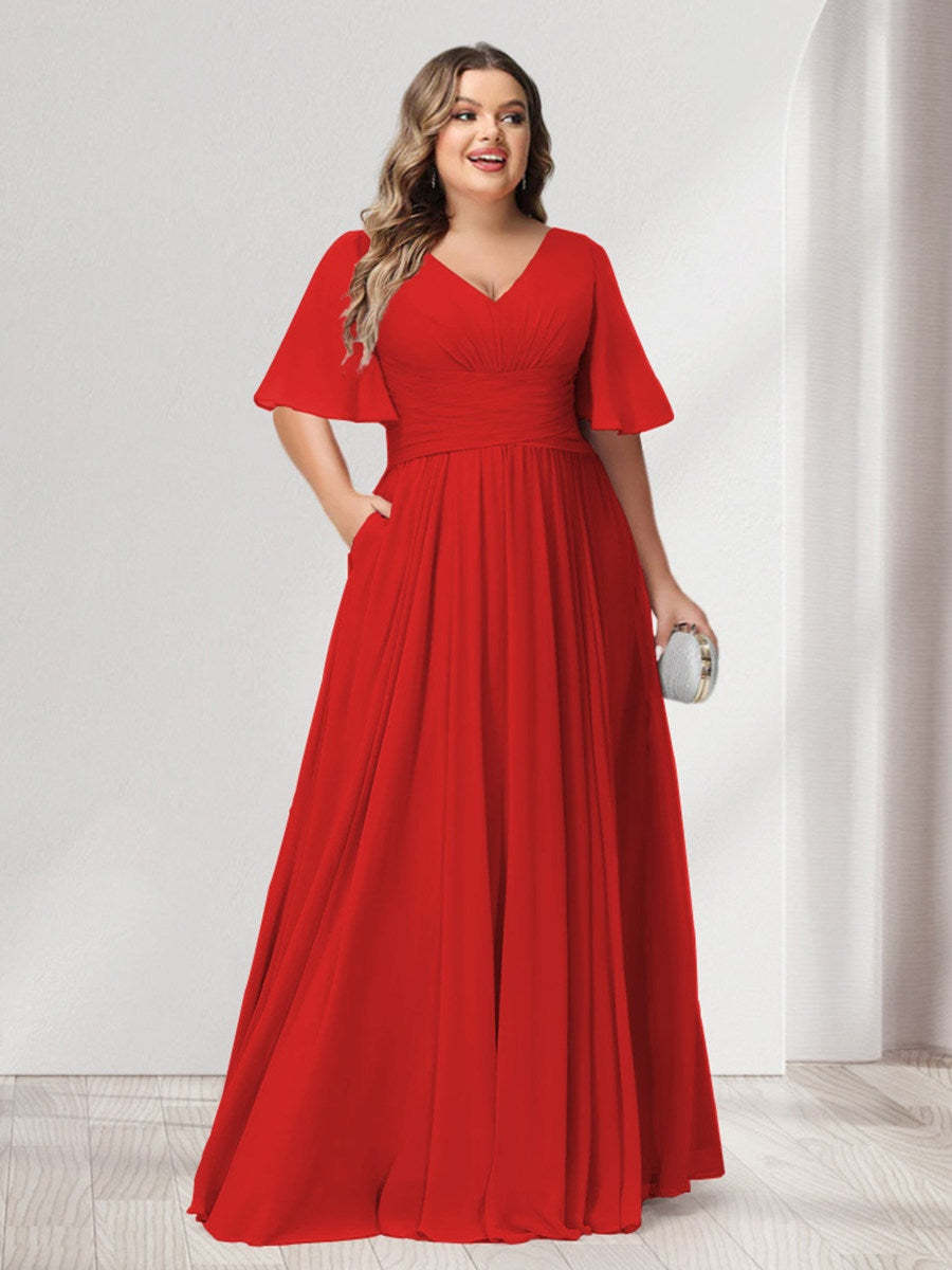 Plus Size Chiffon Bridesmaid Dresses with Pockets, A-Line/Princess V-Neck and Half Sleeves
