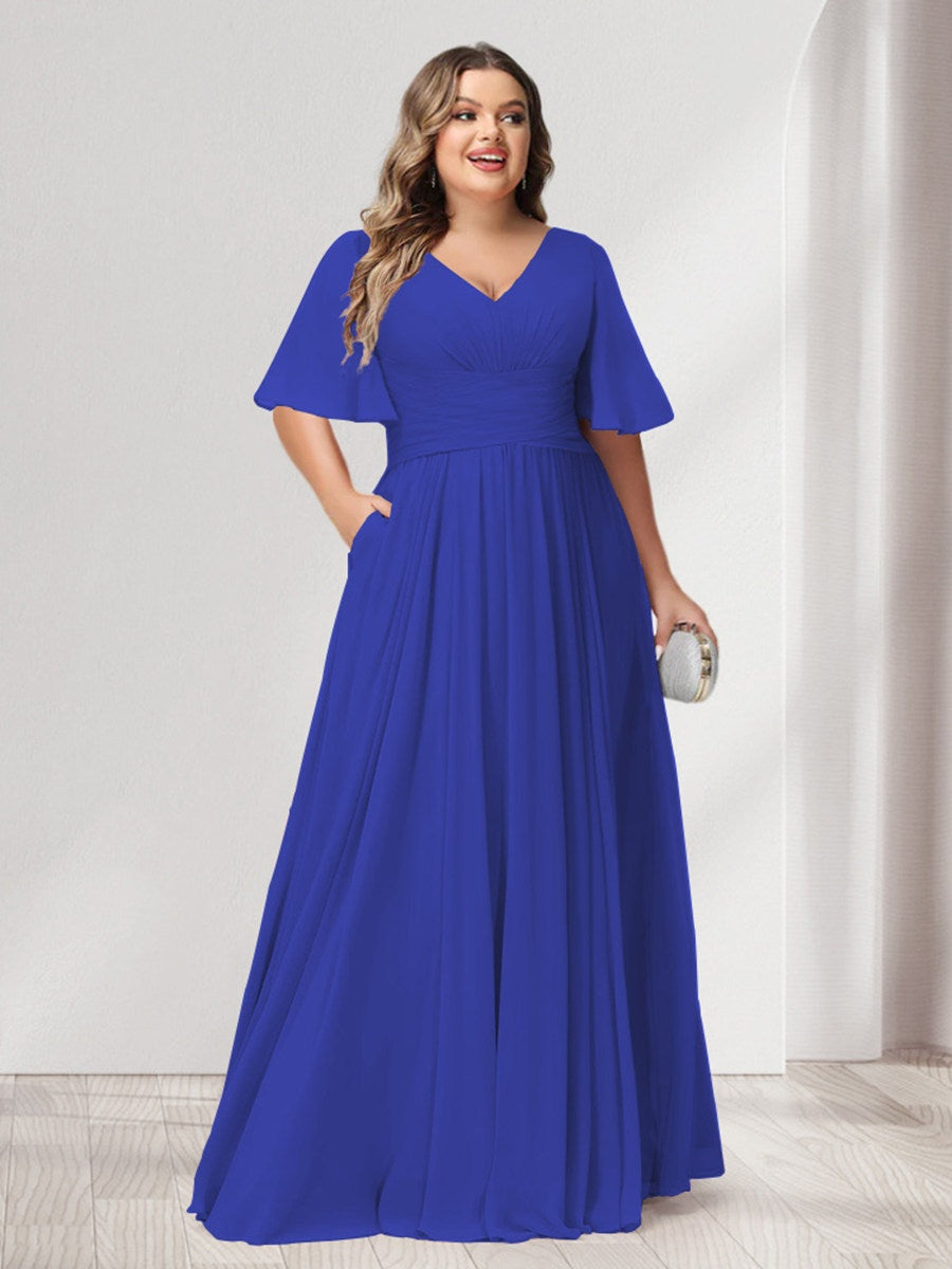 Plus Size Chiffon Bridesmaid Dresses with Pockets, A-Line/Princess V-Neck and Half Sleeves