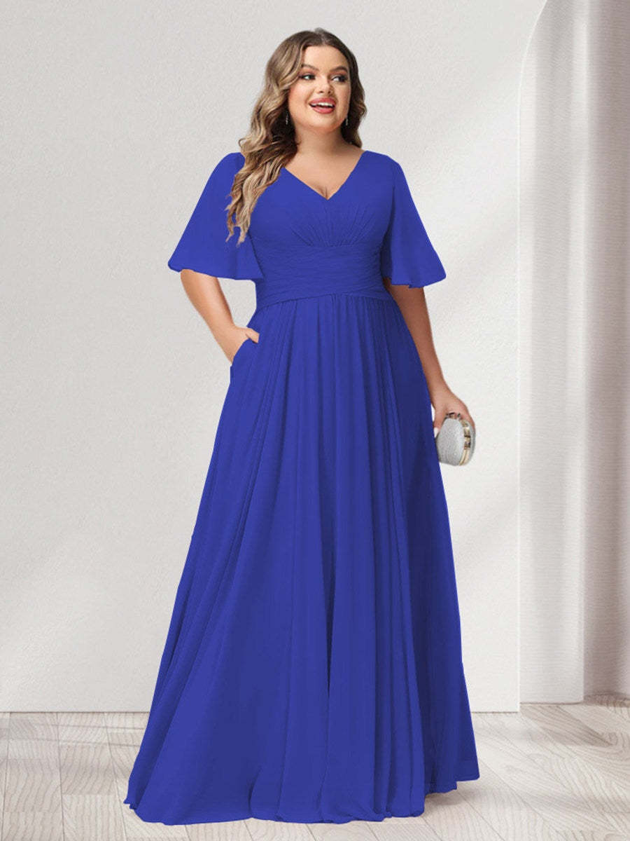 Plus Size Chiffon Bridesmaid Dresses with Pockets, A-Line/Princess V-Neck and Half Sleeves