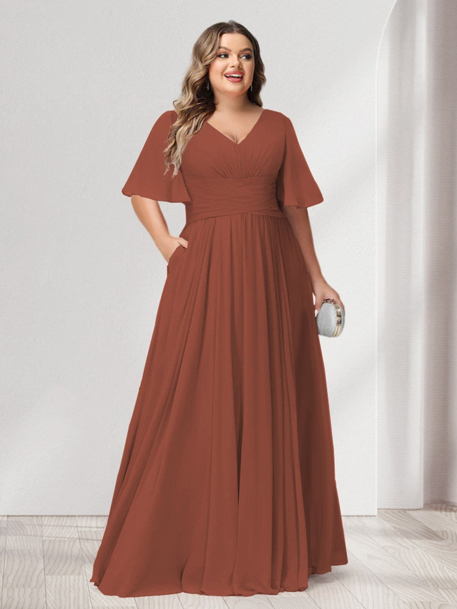 Plus Size Chiffon Bridesmaid Dresses with Pockets, A-Line/Princess V-Neck and Half Sleeves